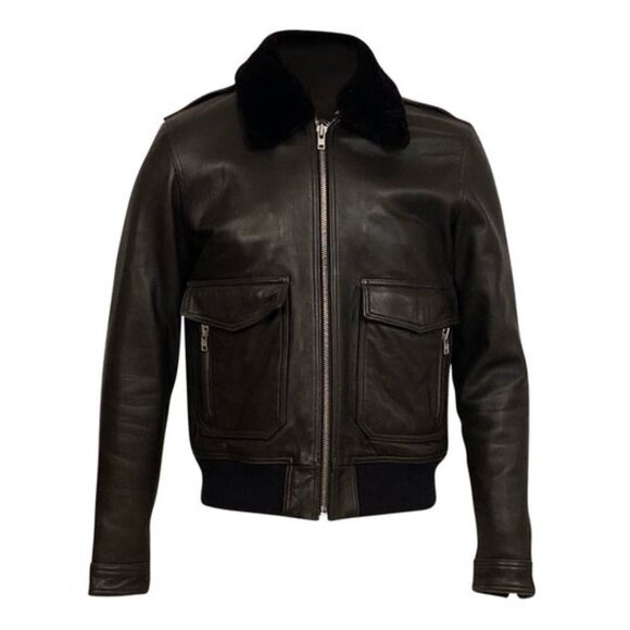 The Kooples Aviator Leather Bomber Jacket with Detachable Fur Collar in Brown XL